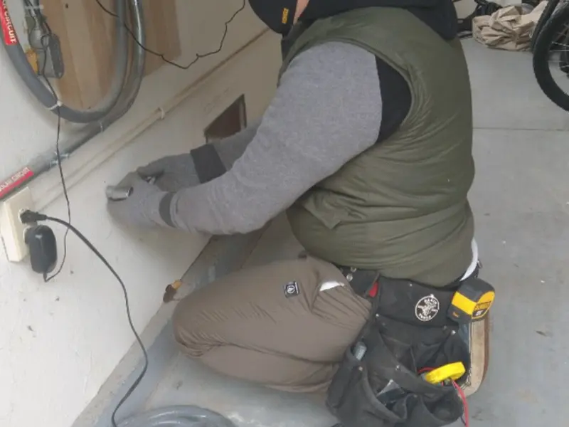 Electrician performing outlet wiring in a Waterford garage